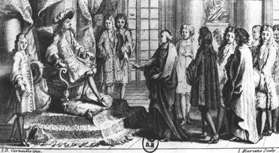 Members of the French Academy presenting the dictionary to Louis XIV in 1694, engraved by Jean Mariette by Jean Baptiste Corneille